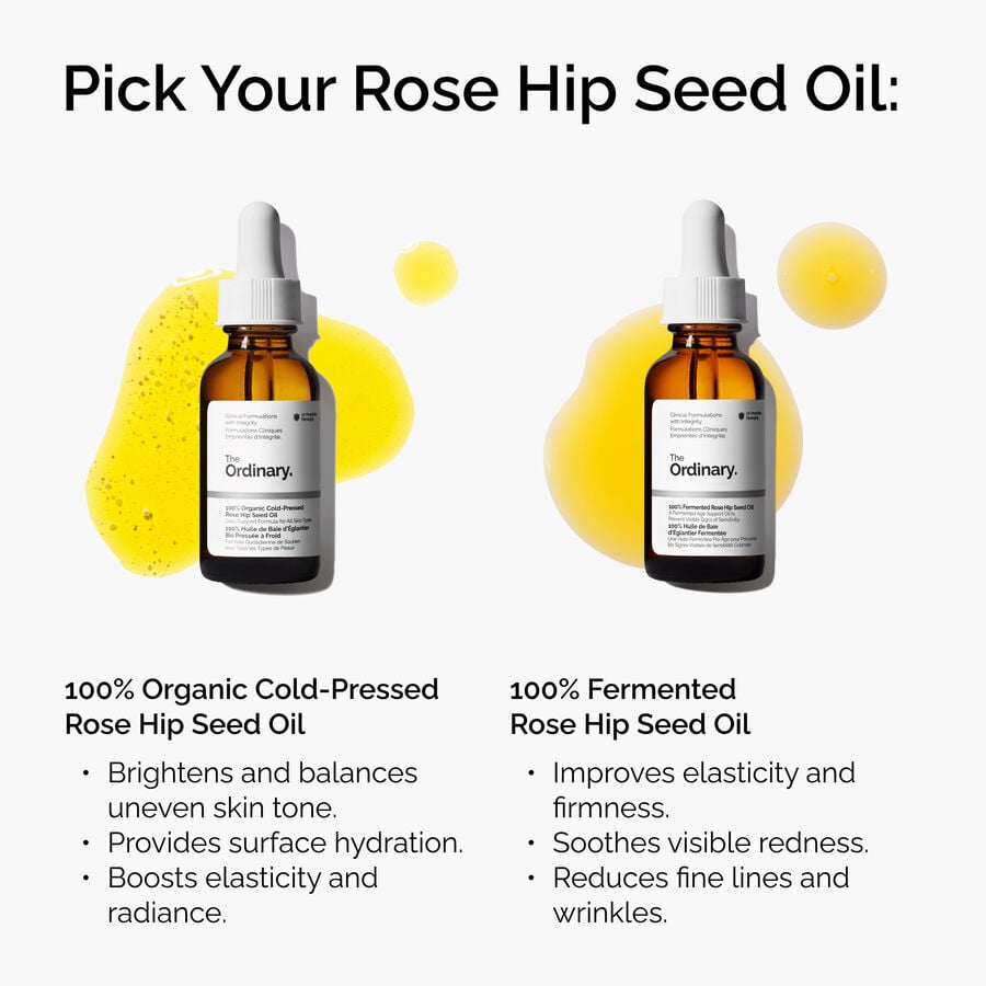 Compare our 100% Organic Cold-Pressed Rose Hip Seed Oil and 100% Fermented Rose Hip Seed Oil to see which one is right for you