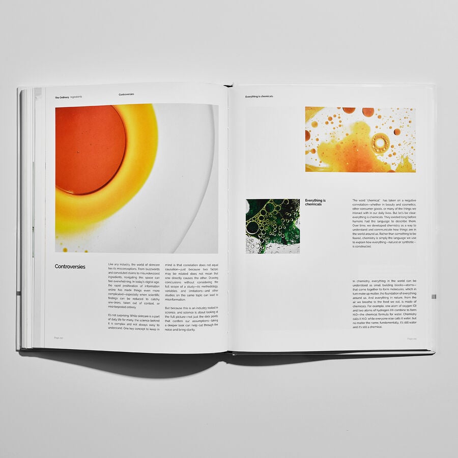 Flatlay of Ingredients hardcover book open to a page that displays controversies and everything is chemicals