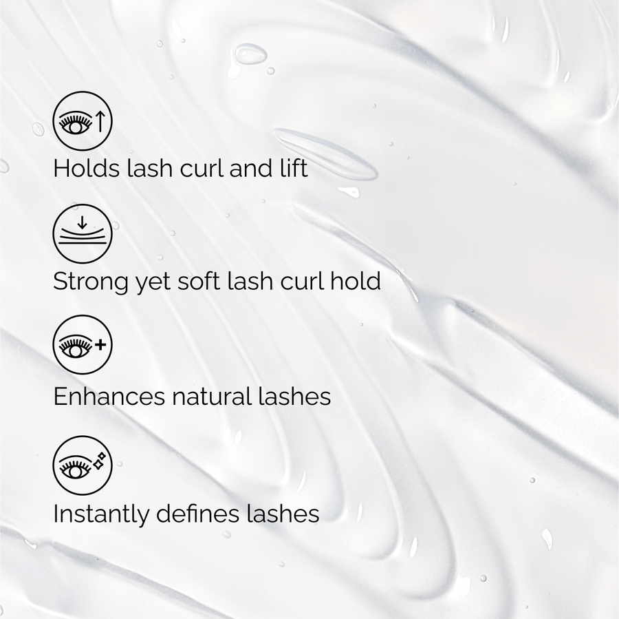 Key benefits of Lash Curl Finisher over a clear serum texture. It holds curl and lift, provides a strong yet soft hold, enhances natural lashes, and instantly provides definition.