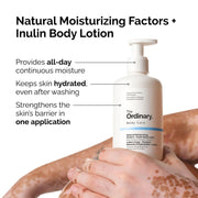 A person holds Natural Moisturizing Factors + Inulin Body Lotion. Text highlights benefits: provides all-day moisture, keeps skin hydrated after washing, and strengthens the skin's barrier in one application.