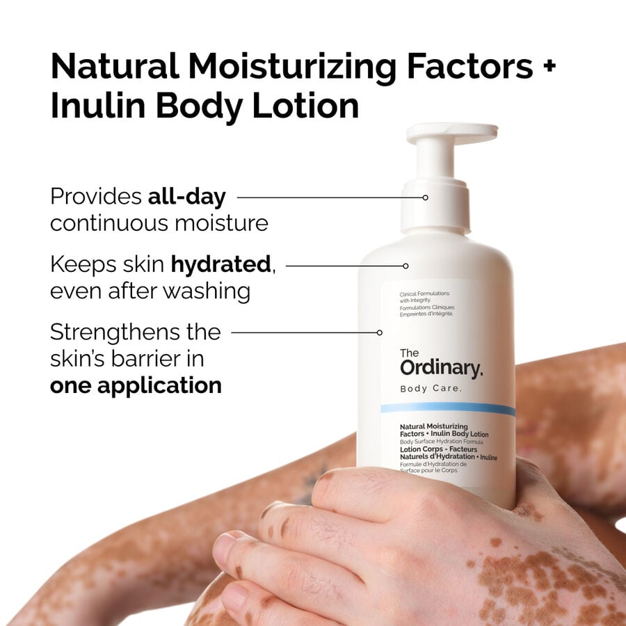 A person holds Natural Moisturizing Factors + Inulin Body Lotion. Text highlights benefits: provides all-day moisture, keeps skin hydrated after washing, and strengthens the skin's barrier in one application.