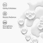 A graphic of 's Milky Toner benefits over a milky texture. Icons show that it Gently Exfoliates, Boosts Radiance, and Strengthens the Skin Barrier.