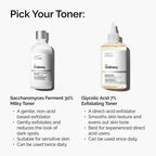Comparison of toners. The Saccharomyces Milky Toner is a gentle, non-acid exfoliator for sensitive skin. The Glycolic Acid 7% Toner is a direct-acid exfoliator for experienced users to smooth texture.