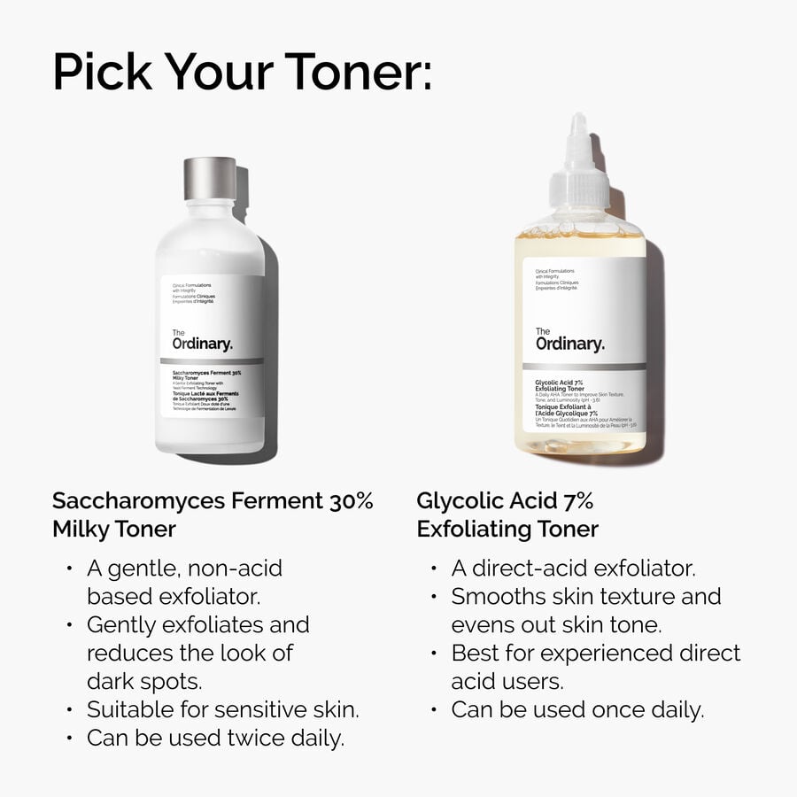Comparison of toners. The Saccharomyces Milky Toner is a gentle, non-acid exfoliator for sensitive skin. The Glycolic Acid 7% Toner is a direct-acid exfoliator for experienced users to smooth texture.